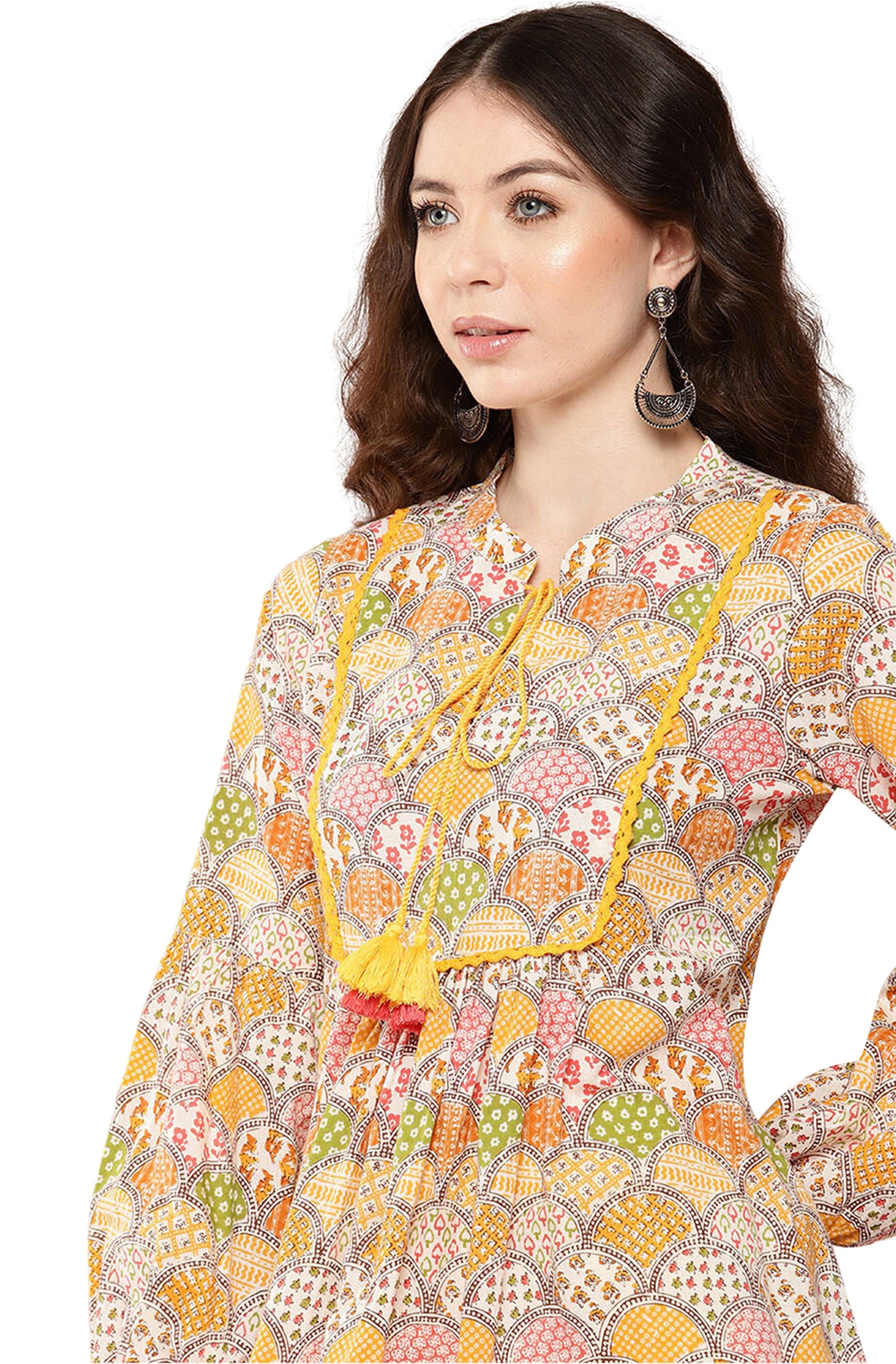 Janasya Multicolor Cotton Ethnic Motifs A-Line Kurta 