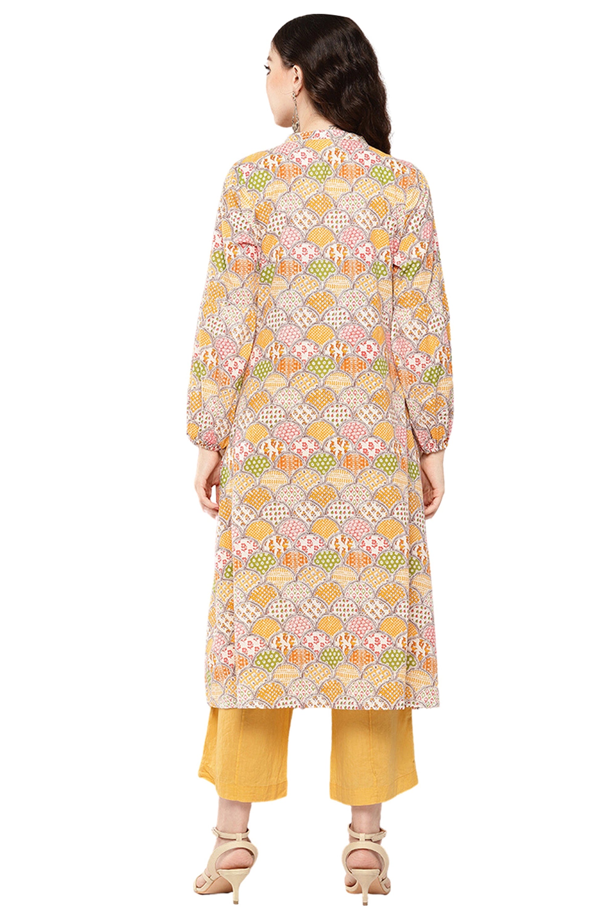 Janasya Multicolor Cotton Ethnic Motifs A-Line Kurta 