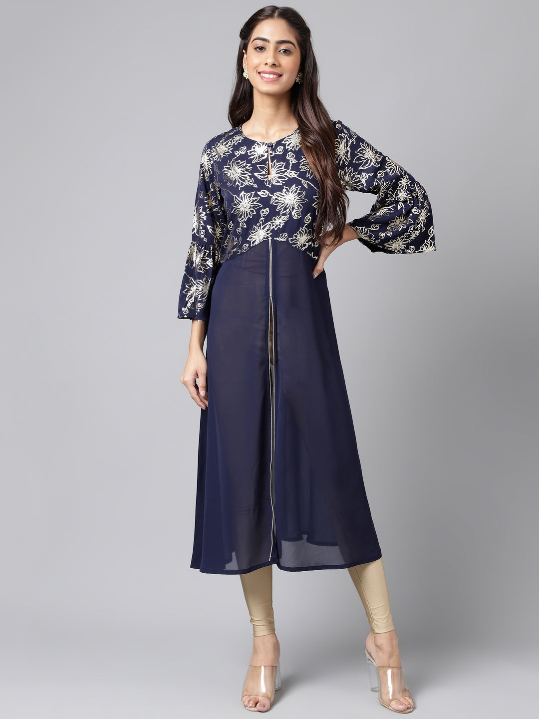 Janasya Women's Navy Blue Georgette Foil Printed Festive A-Line Kurta 