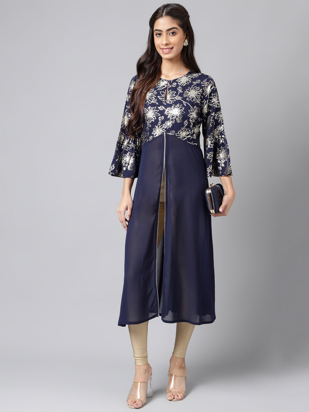Janasya Women's Navy Blue Georgette Foil Printed Festive A-Line Kurta 