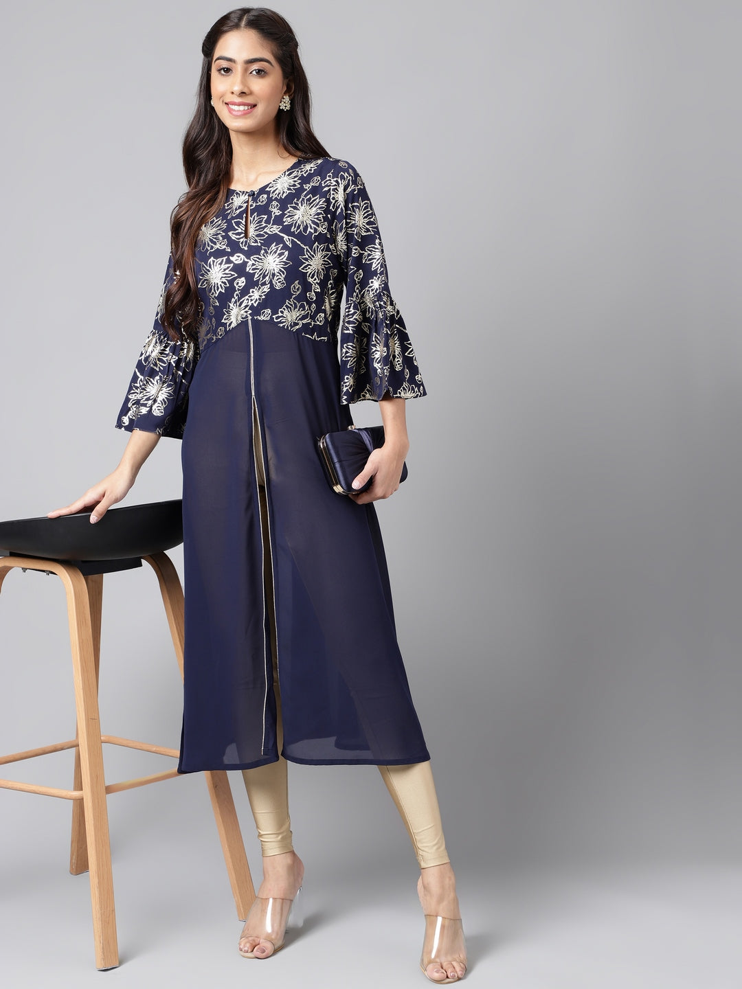 Janasya Women's Navy Blue Georgette Foil Printed Festive A-Line Kurta 