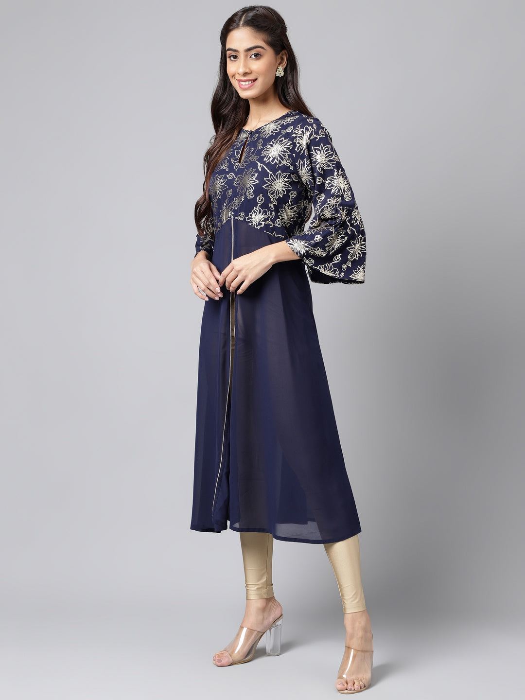Janasya Women's Navy Blue Georgette Foil Printed Festive A-Line Kurta 
