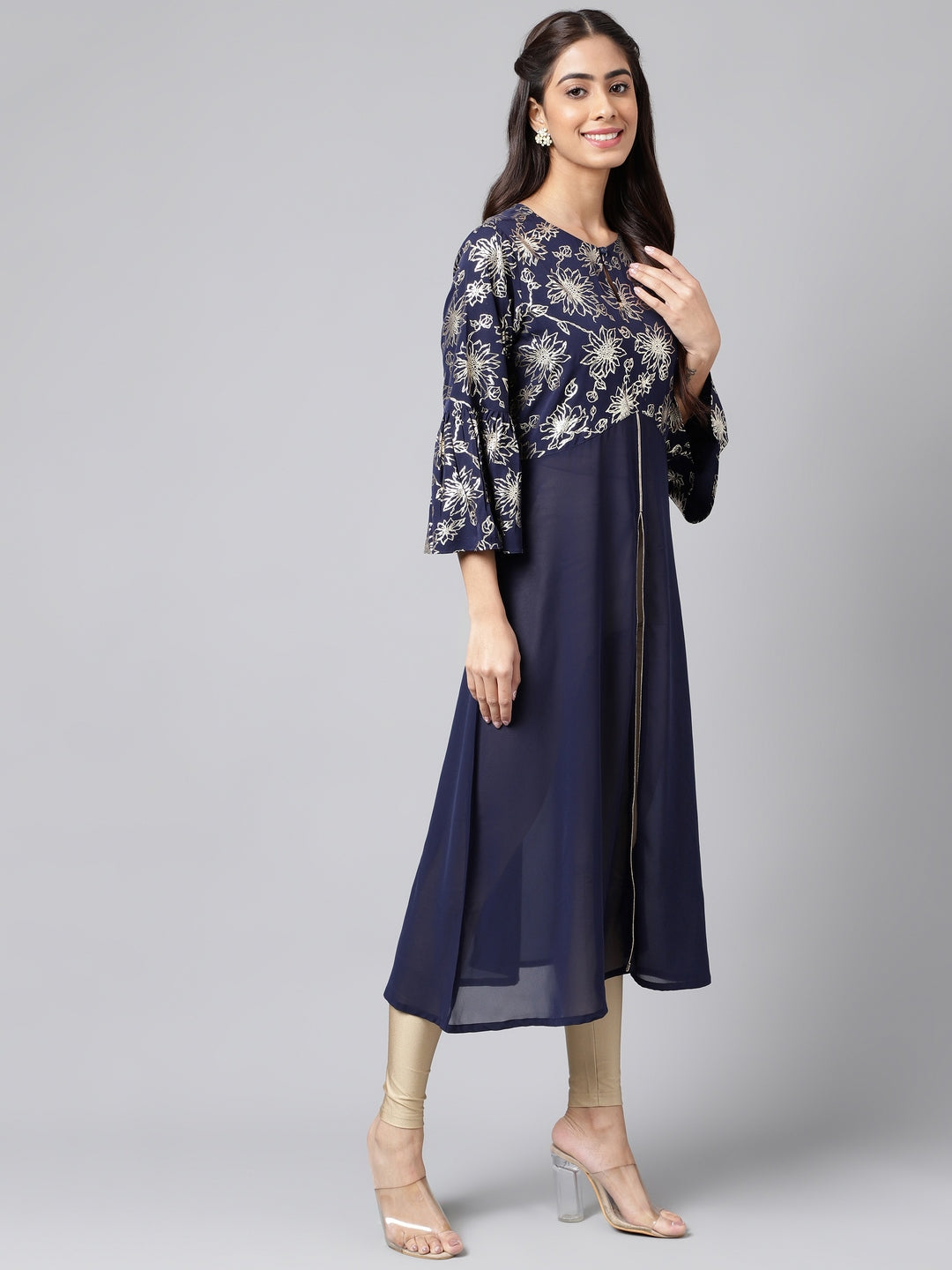Janasya Women's Navy Blue Georgette Foil Printed Festive A-Line Kurta 