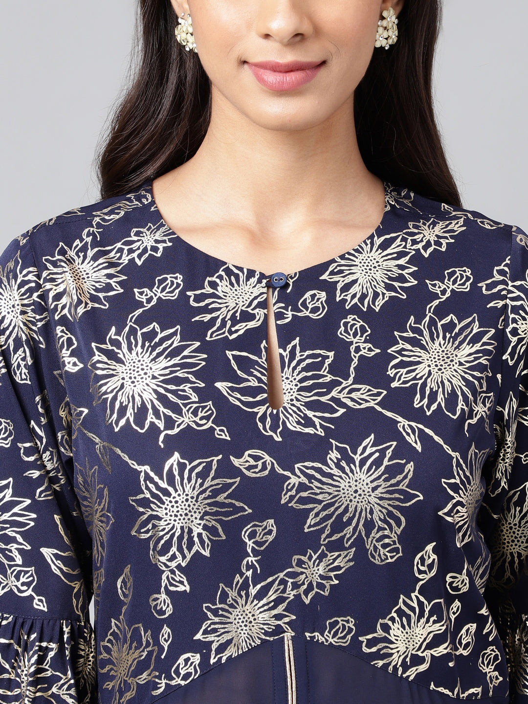 Janasya Women's Navy Blue Georgette Foil Printed Festive A-Line Kurta 