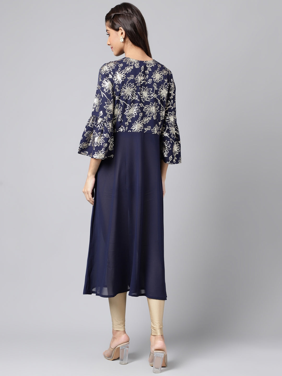 Janasya Women's Navy Blue Georgette Foil Printed Festive A-Line Kurta 