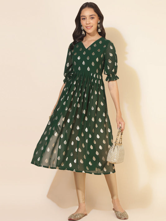 Janasya Bottle Green Georgette Foil Printed Festive Kurta 