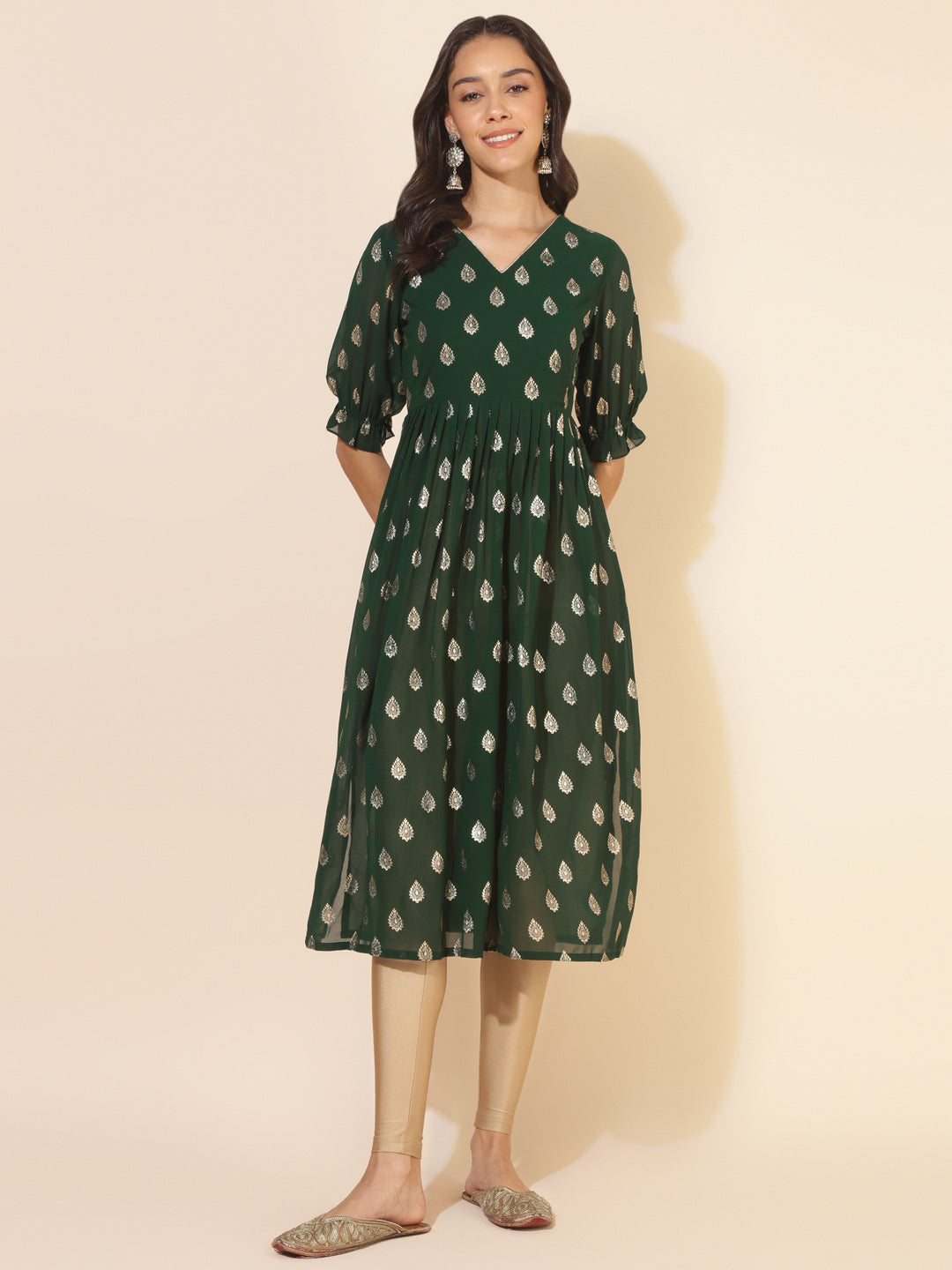 Janasya Bottle Green Georgette Foil Printed Festive Kurta 