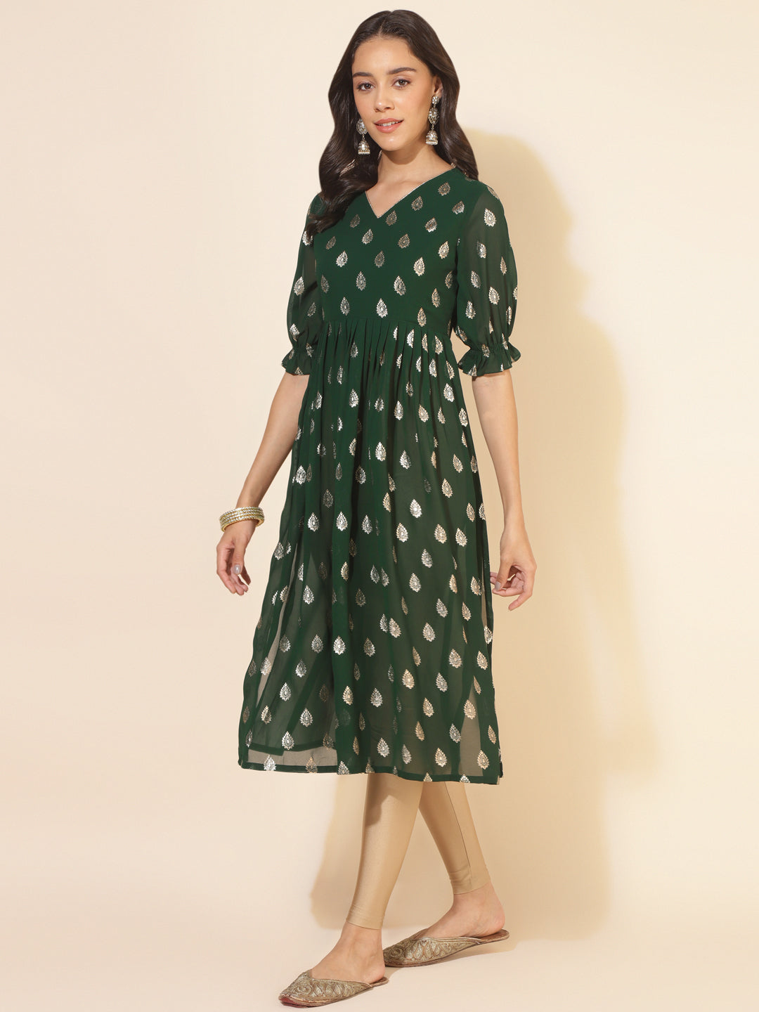 Janasya Bottle Green Georgette Foil Printed Festive Kurta 