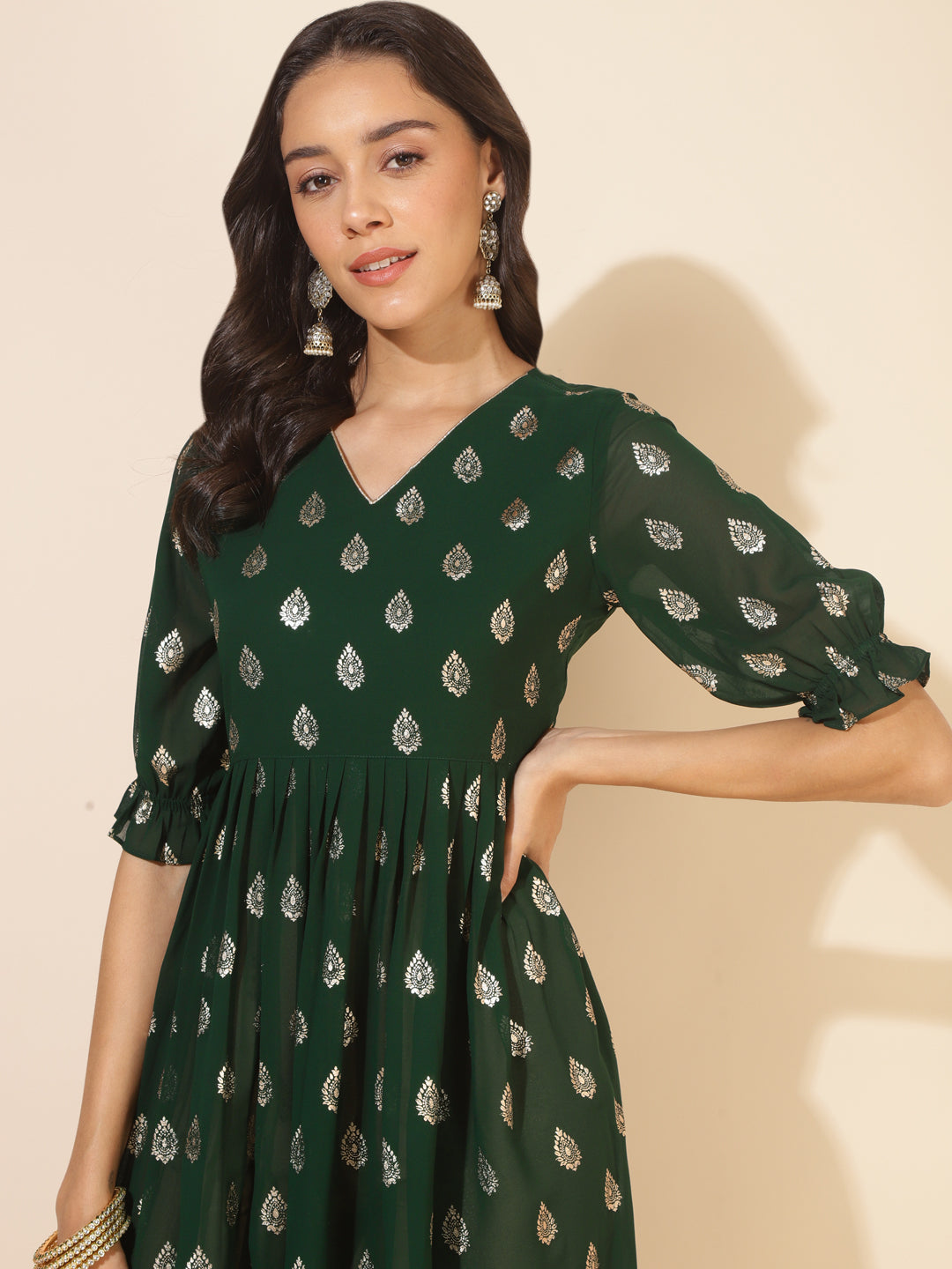 Janasya Bottle Green Georgette Foil Printed Festive Kurta 