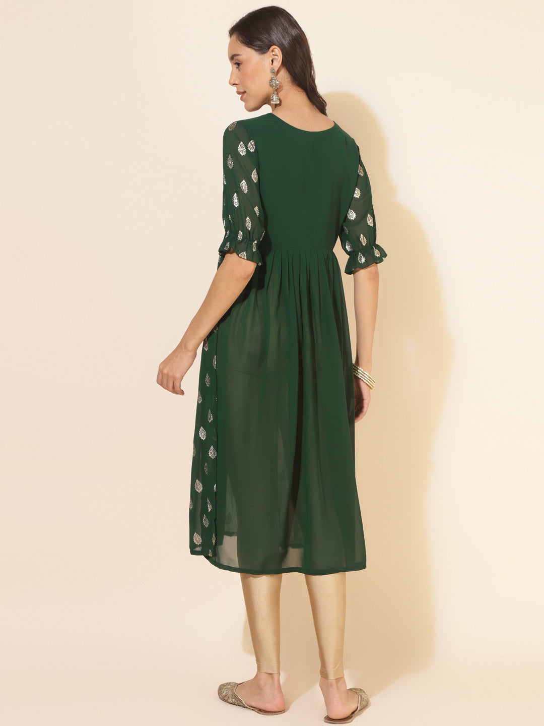 Janasya Bottle Green Georgette Foil Printed Festive Kurta 