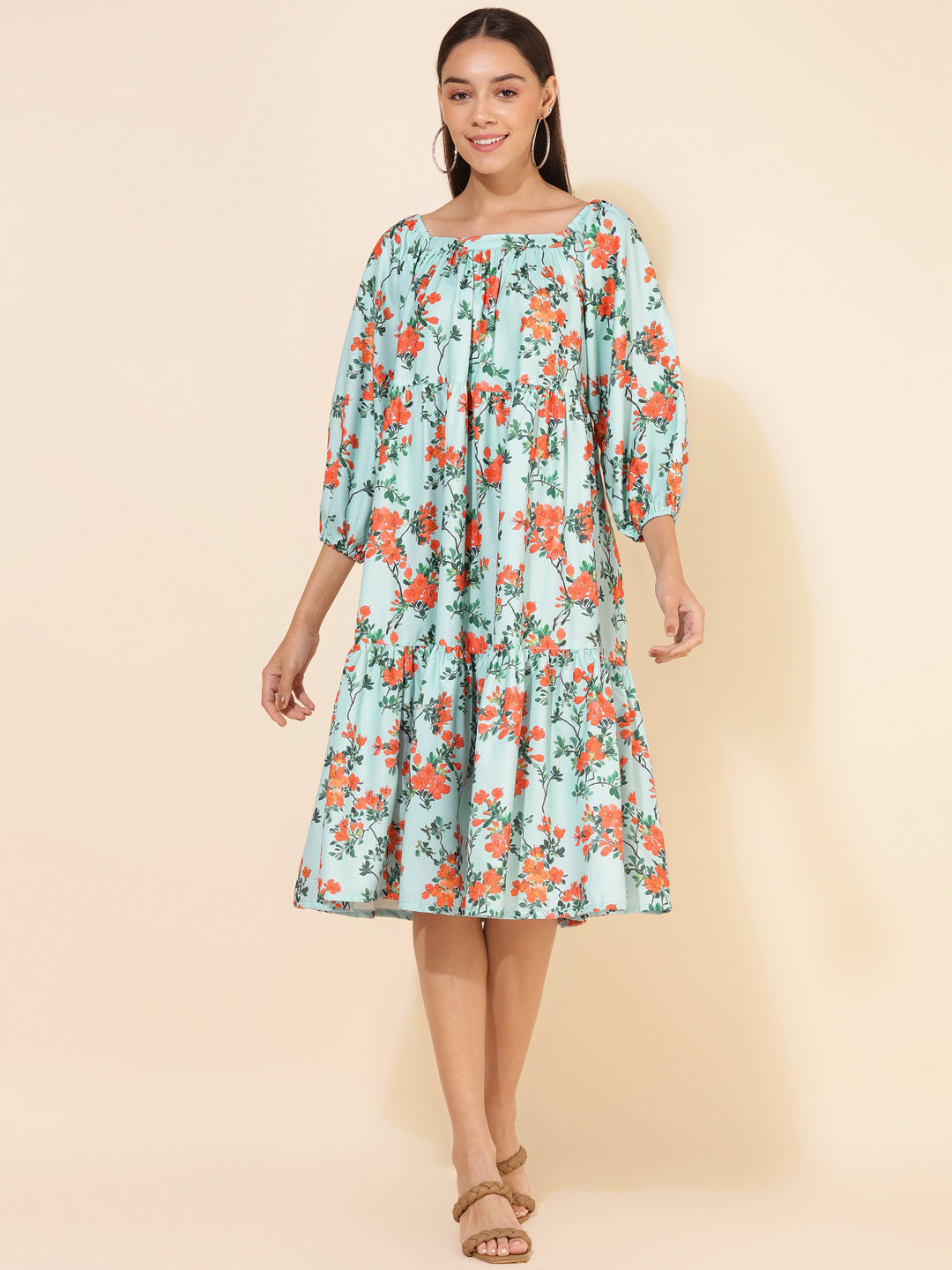 Janasya Women's Sea Green Moss Digital Floral Printed Casual Dress 