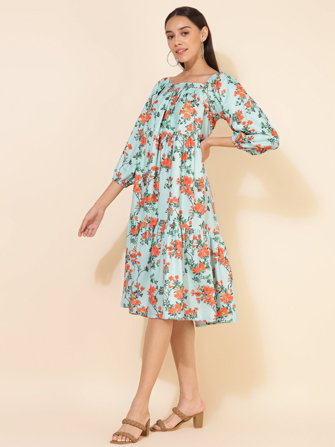Janasya Women's Sea Green Moss Digital Floral Printed Casual Dress 