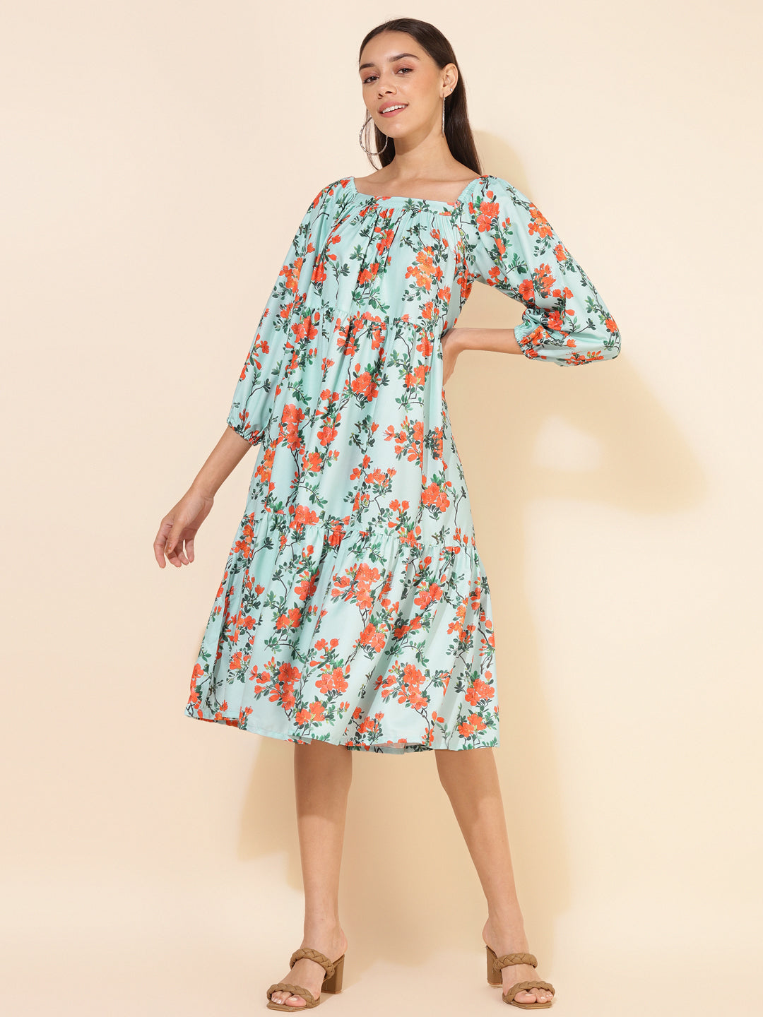 Janasya Women's Sea Green Moss Digital Floral Printed Casual Dress 