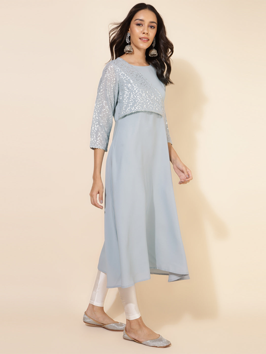 Janasya Grey Crepe Foil Printed Festive Kurta