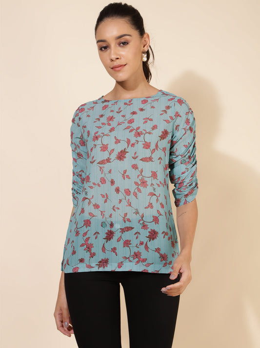 Janasya Women's Mint Green Georgette Floral Printed Casual Top 