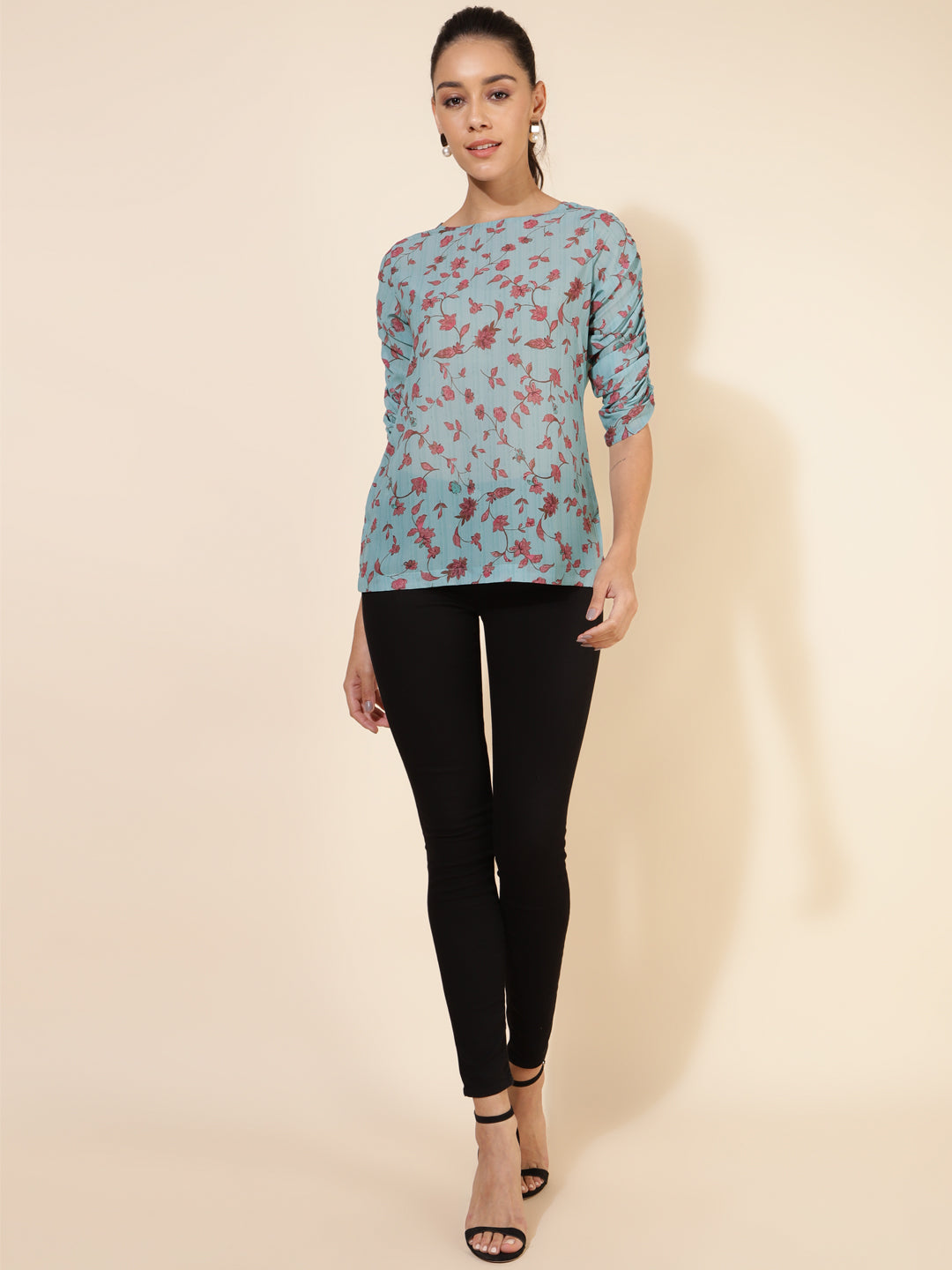 Janasya Women's Mint Green Georgette Floral Printed Casual Top 