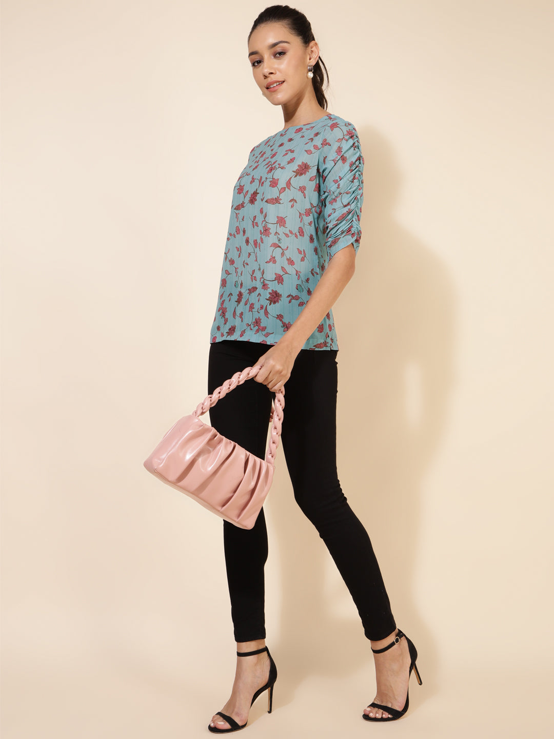 Janasya Women's Mint Green Georgette Floral Printed Casual Top 