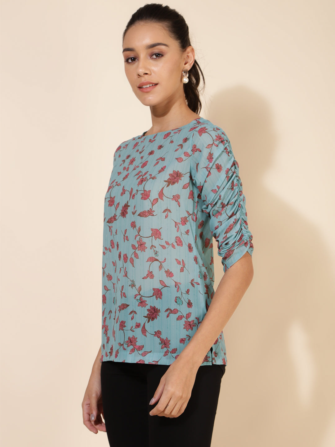 Janasya Women's Mint Green Georgette Floral Printed Casual Top 