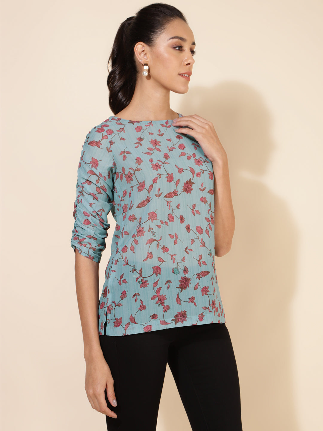 Janasya Women's Mint Green Georgette Floral Printed Casual Top 