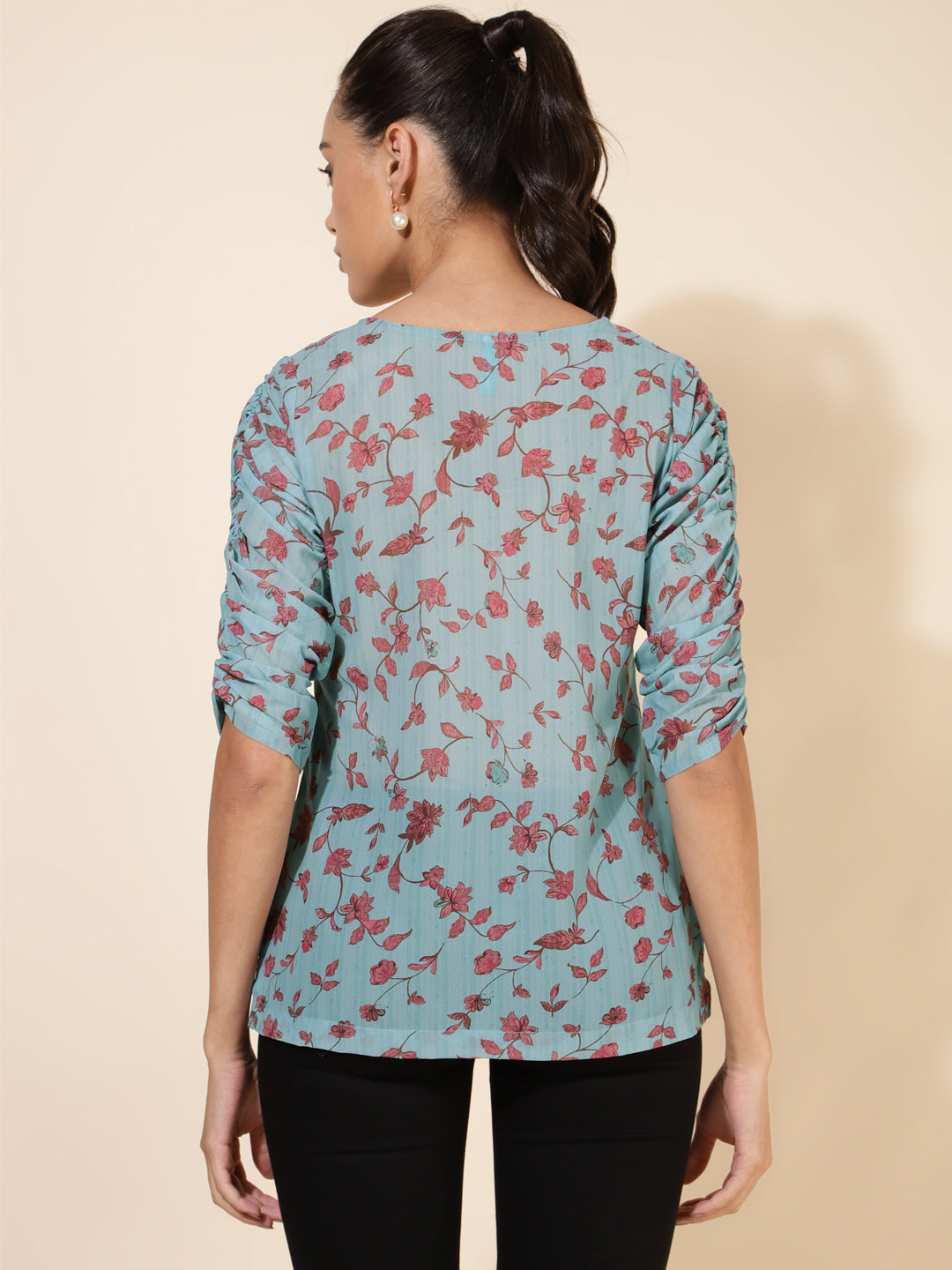 Janasya Women's Mint Green Georgette Floral Printed Casual Top 