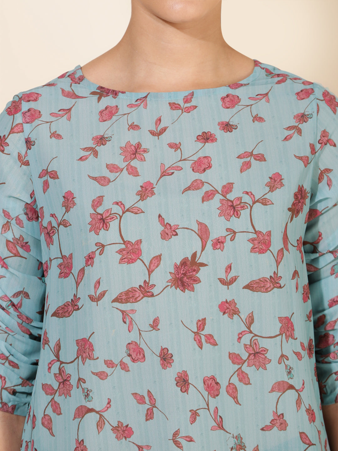 Janasya Women's Mint Green Georgette Floral Printed Casual Top 