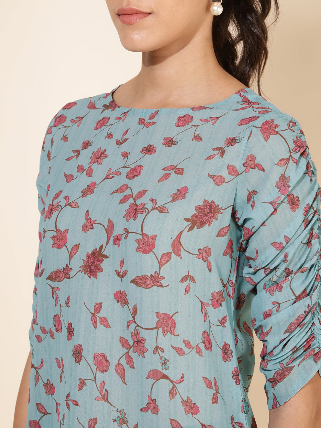Janasya Women's Mint Green Georgette Floral Printed Casual Top 