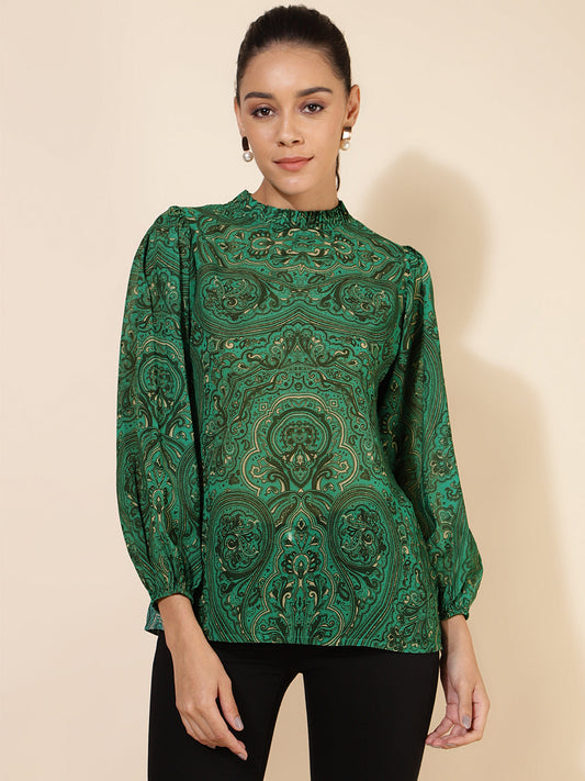 Janasya Women's Green Georgette Digital Printed Casual Top 