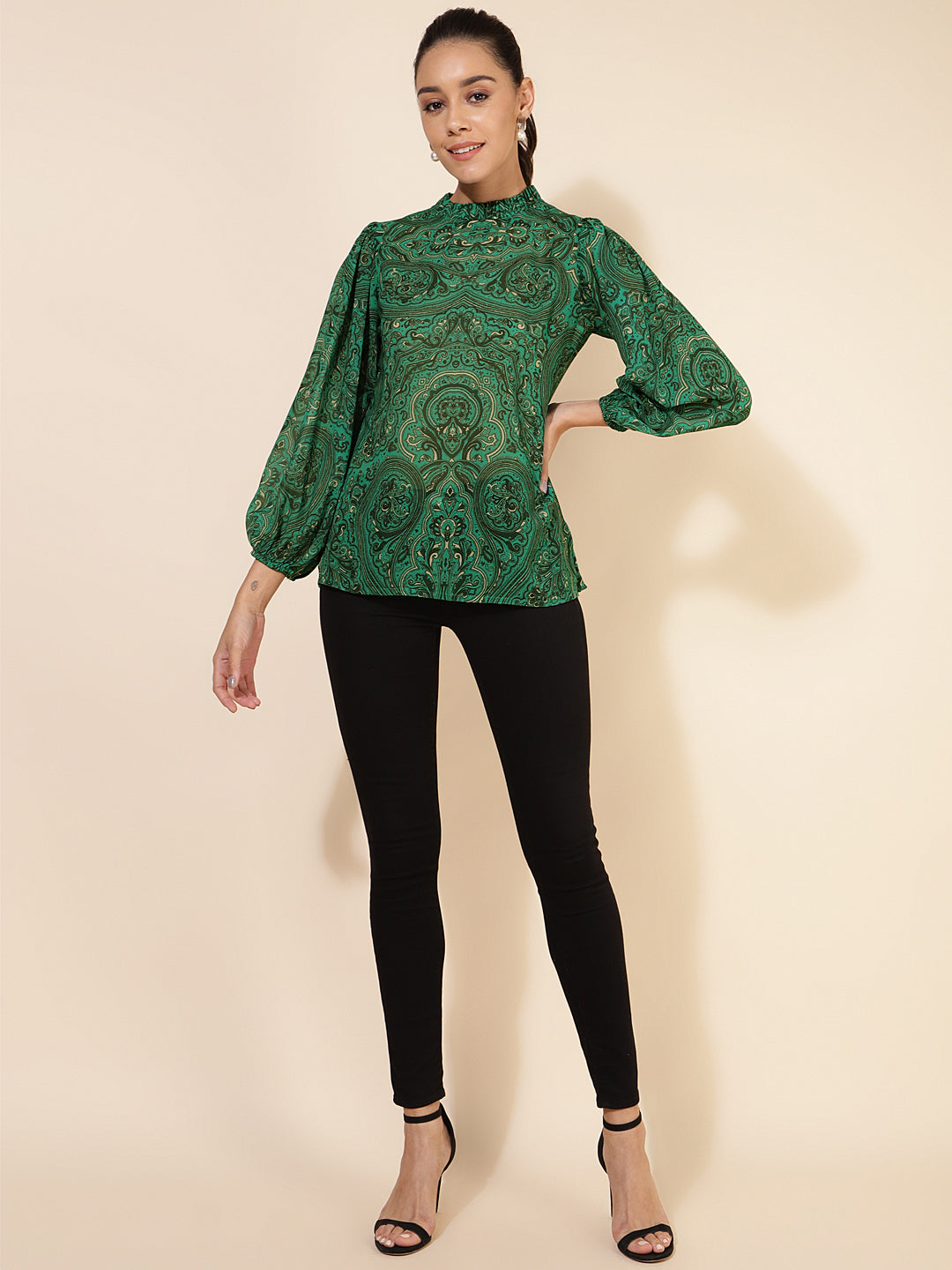 Janasya Women's Green Georgette Digital Printed Casual Top 