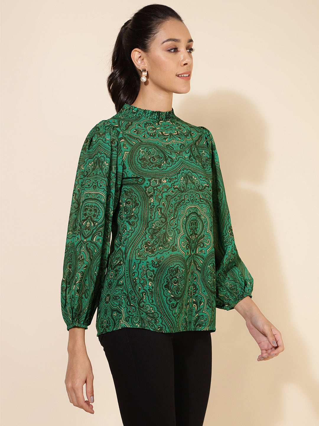 Janasya Women's Green Georgette Digital Printed Casual Top 