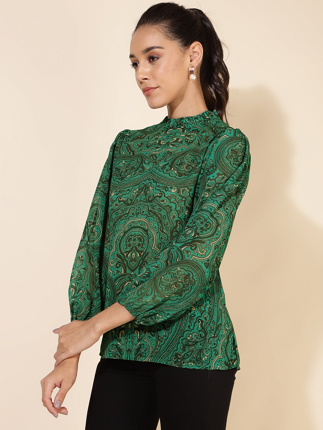 Janasya Women's Green Georgette Digital Printed Casual Top 