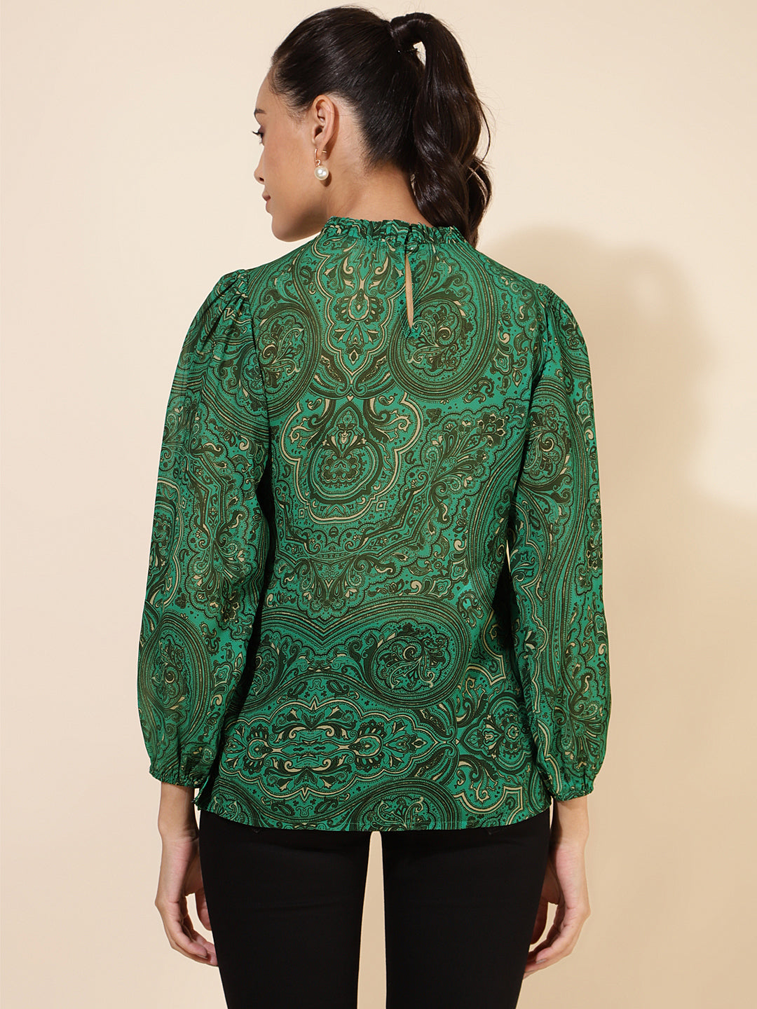 Janasya Women's Green Georgette Digital Printed Casual Top 