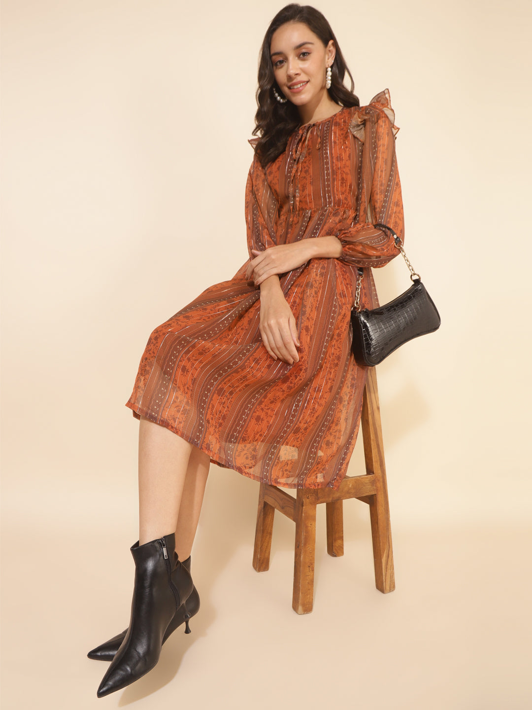 Janasya Women's Rust Chiffon Lurex Floral Printed Casual Dress 