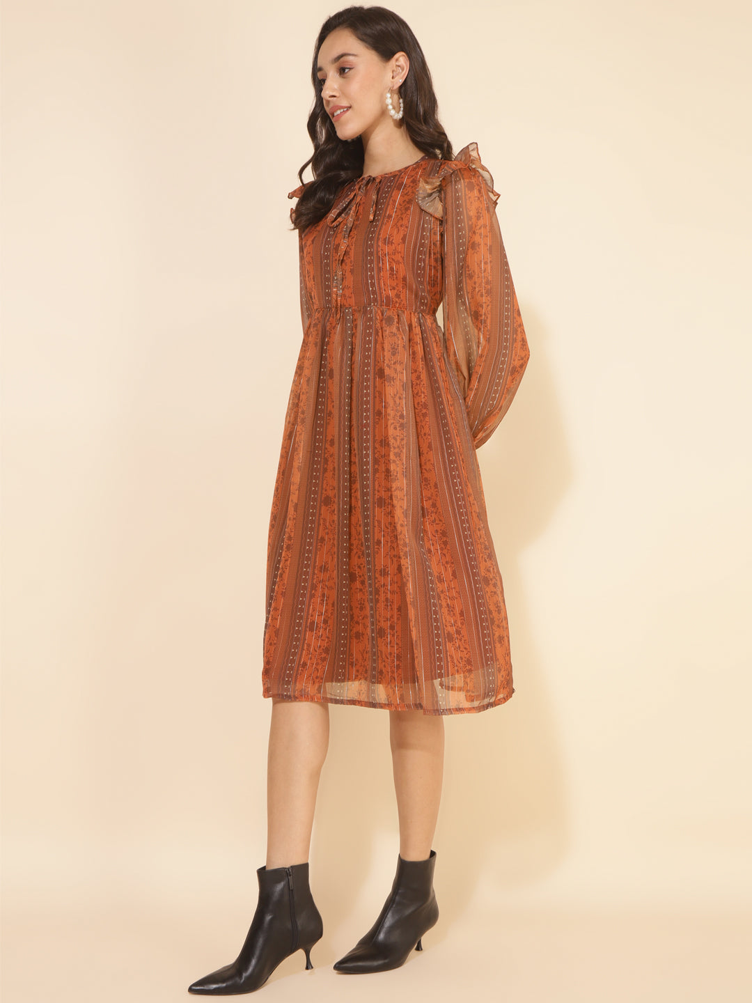 Janasya Women's Rust Chiffon Lurex Floral Printed Casual Dress 