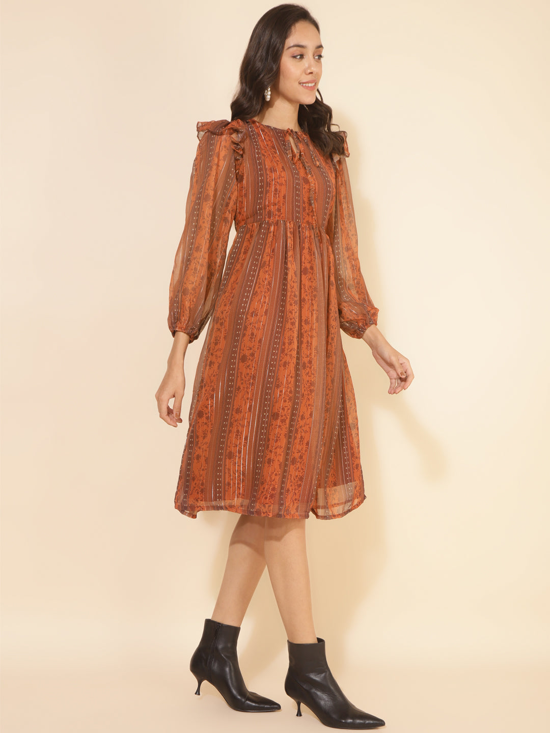 Janasya Women's Rust Chiffon Lurex Floral Printed Casual Dress 