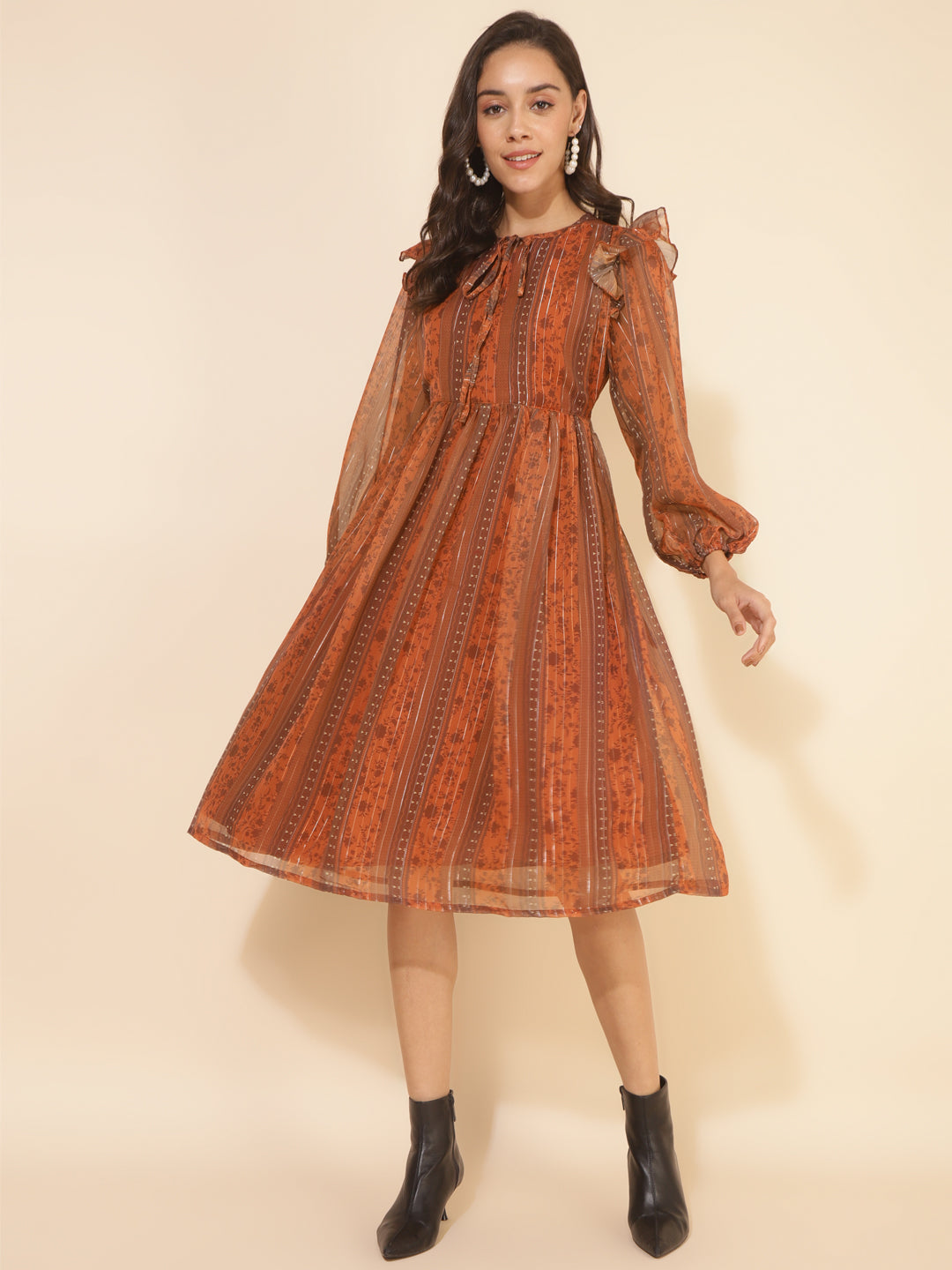 Janasya Women's Rust Chiffon Lurex Floral Printed Casual Dress 