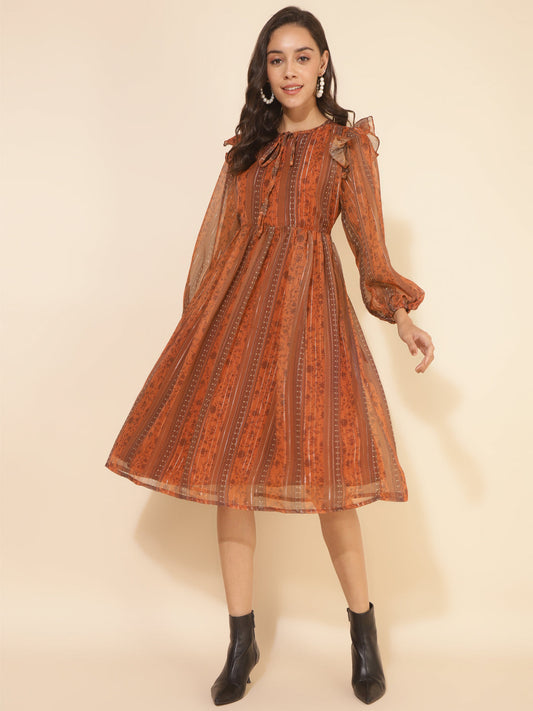 Janasya Women's Rust Chiffon Lurex Floral Printed Casual Dress 