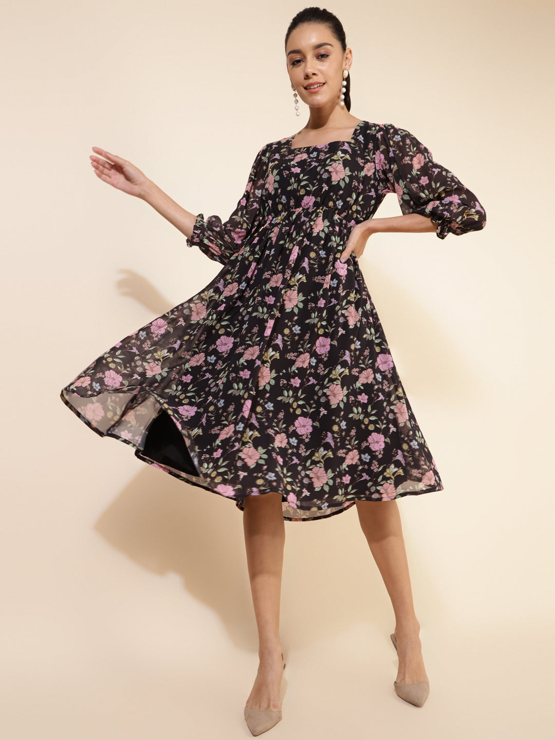 Janasya Women's Black Georgette Floral Printed Casual Dress 