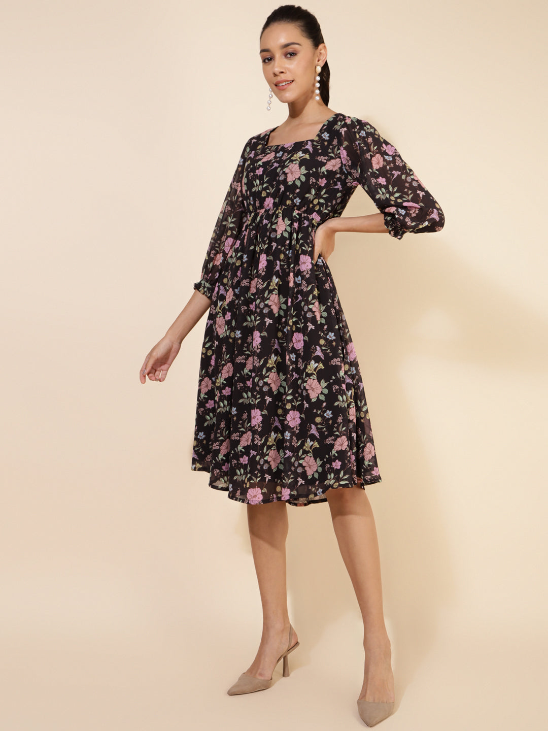 Janasya Women's Black Georgette Floral Printed Casual Dress 