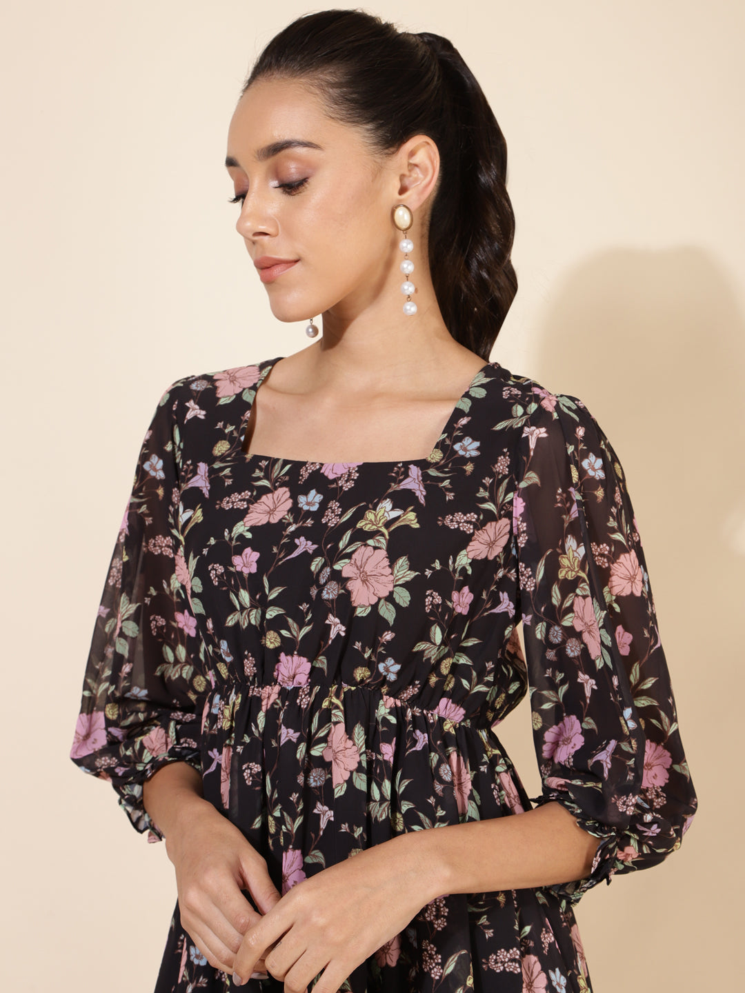 Janasya Women's Black Georgette Floral Printed Casual Dress 