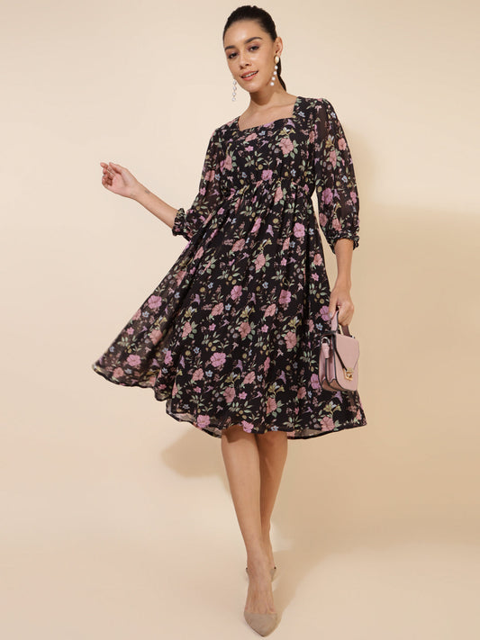Janasya Women's Black Georgette Floral Printed Casual Dress 