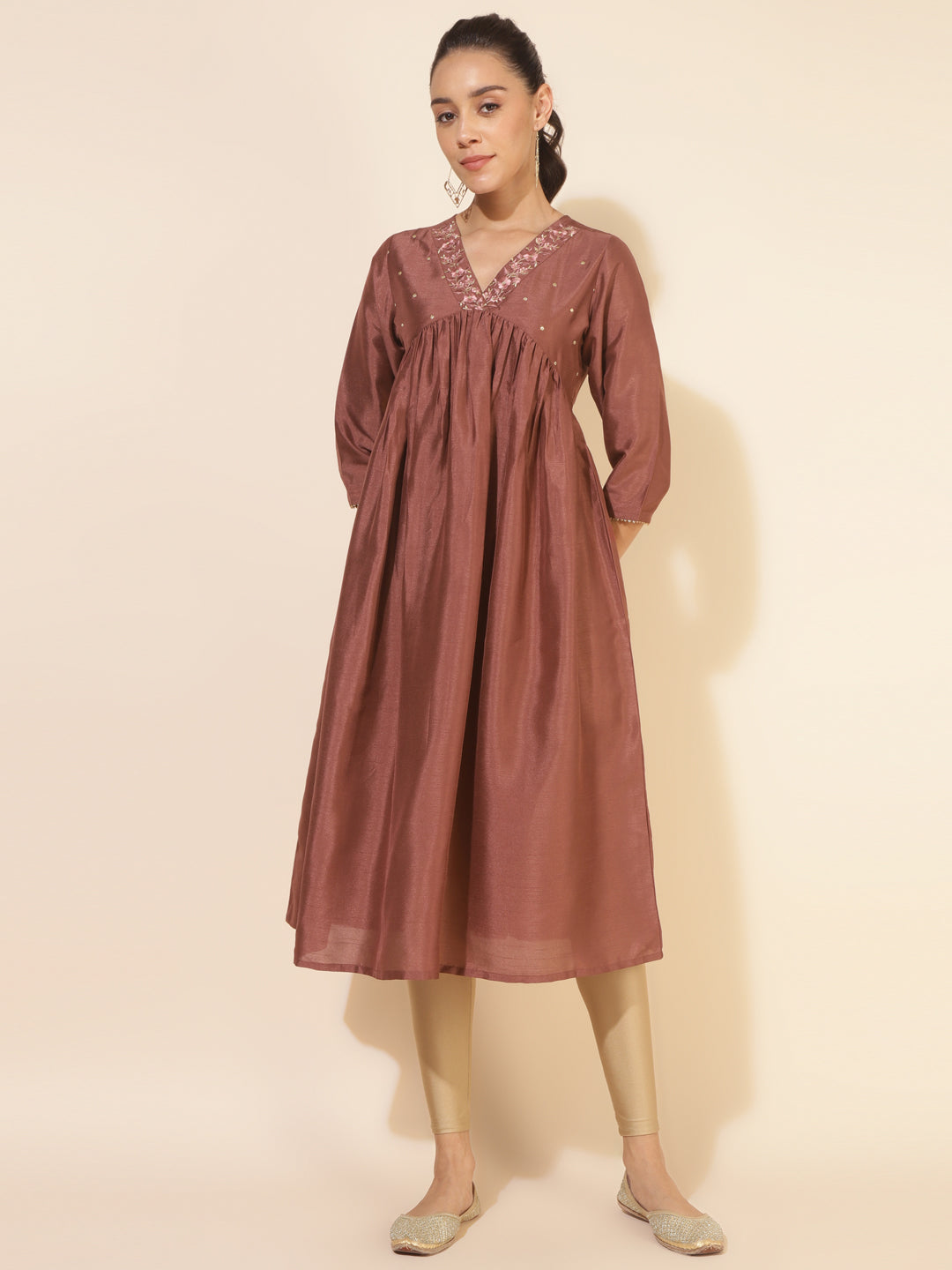 Janasya Brown Crepe Silk Embellished Empire Kurta | Grab2Buy