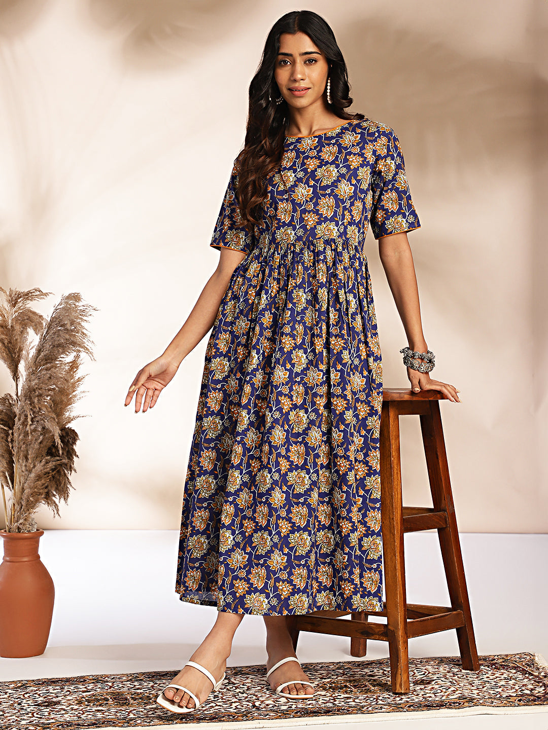Janasya Dark Blue Cotton Floral Printed Gathered Dress 