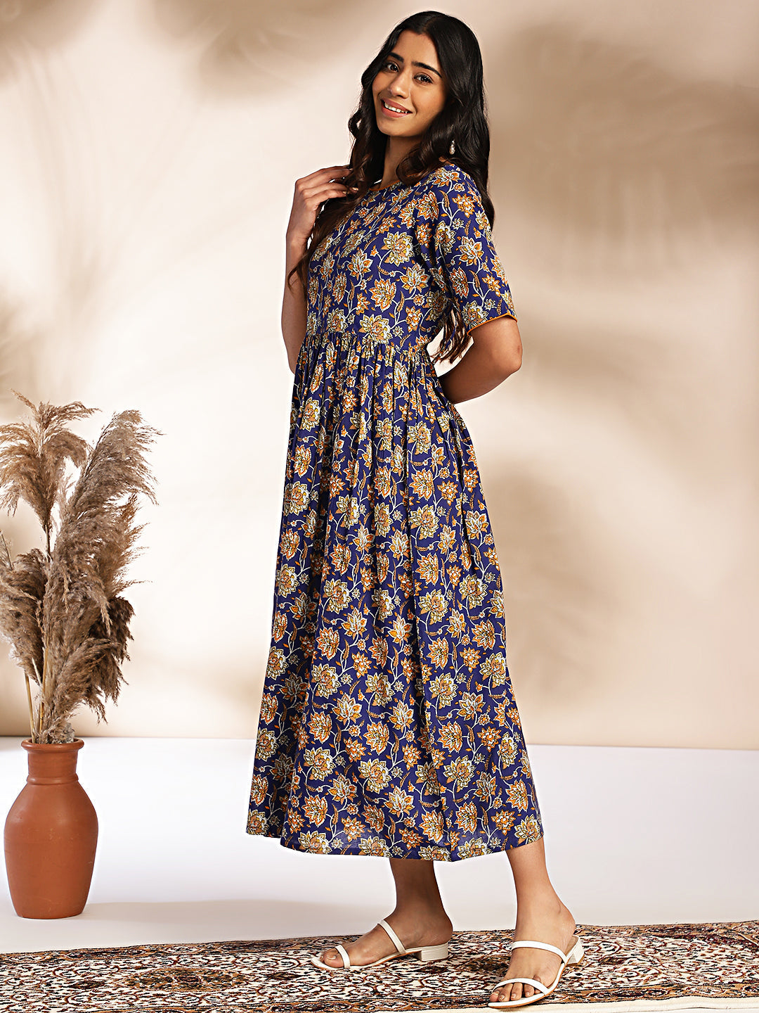 Janasya Dark Blue Cotton Floral Printed Gathered Dress 