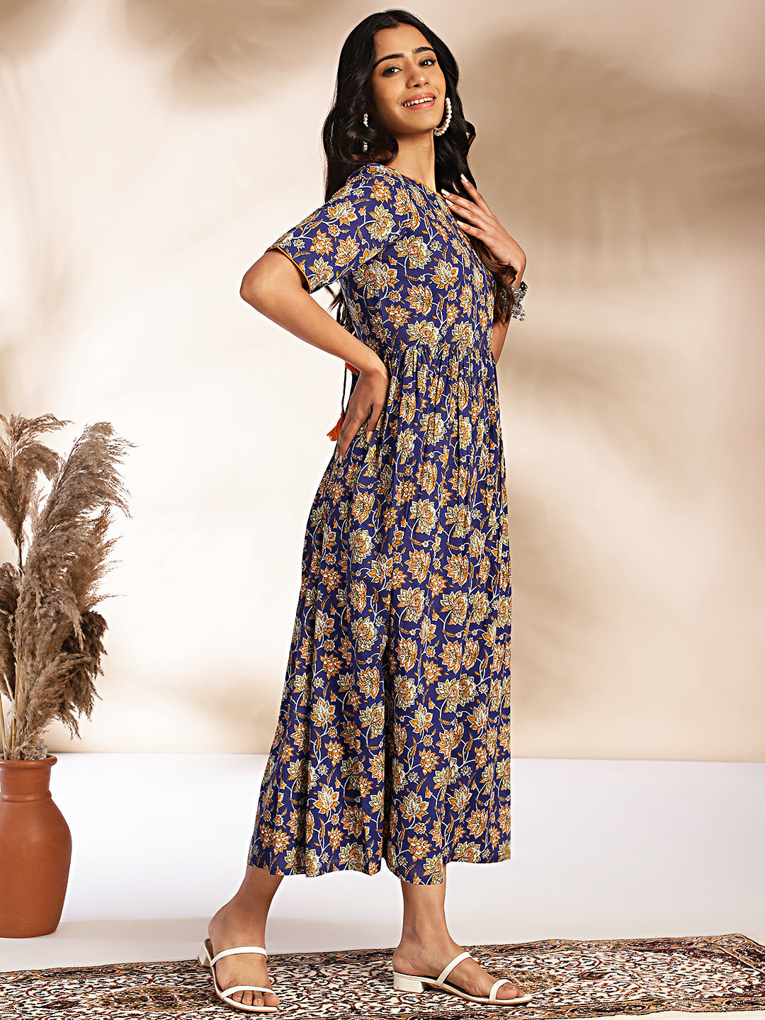 Janasya Dark Blue Cotton Floral Printed Gathered Dress 