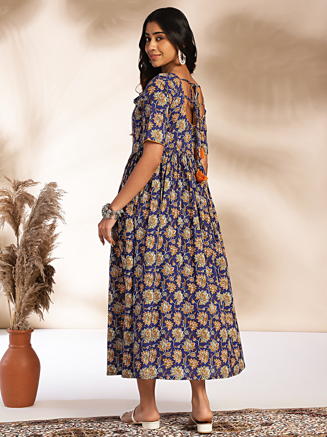 Janasya Dark Blue Cotton Floral Printed Gathered Dress 
