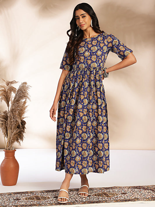 Janasya Dark Blue Cotton Floral Printed Gathered Dress 