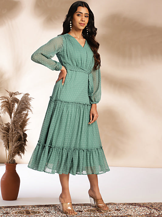 Janasya Sage Dobby Chiffon Solid Tiered Dress 