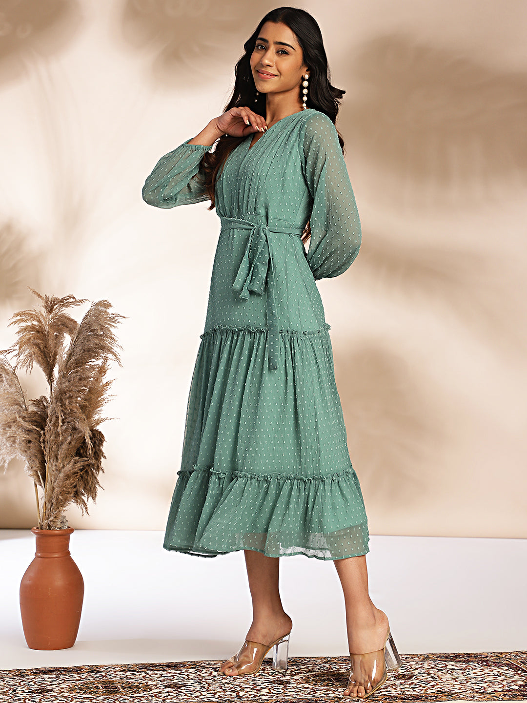Janasya Sage Dobby Chiffon Solid Tiered Dress 
