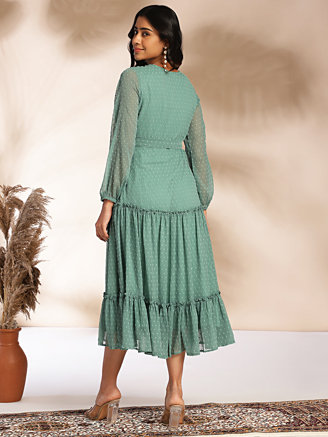 Janasya Sage Dobby Chiffon Solid Tiered Dress 