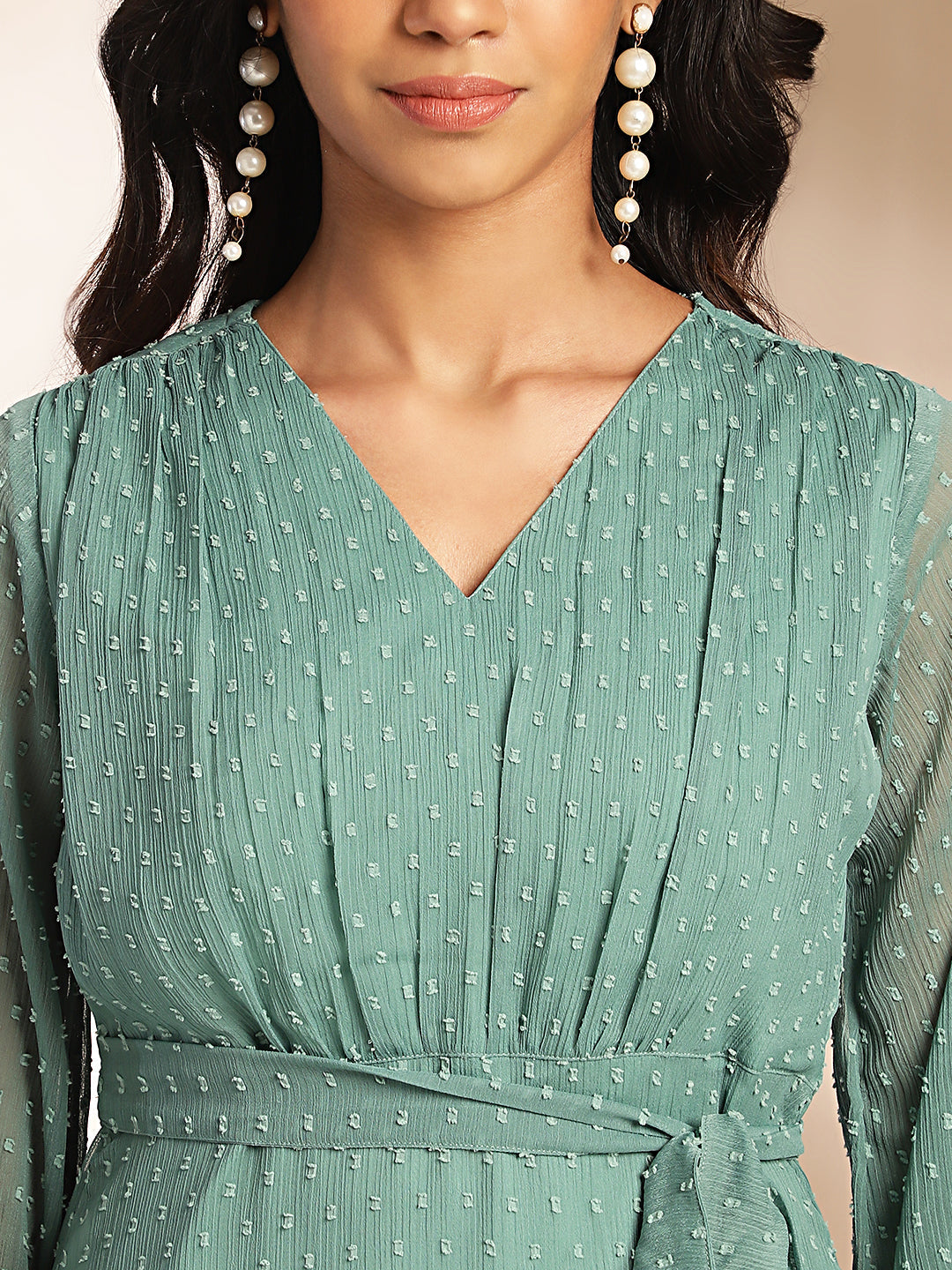 Janasya Sage Dobby Chiffon Solid Tiered Dress 